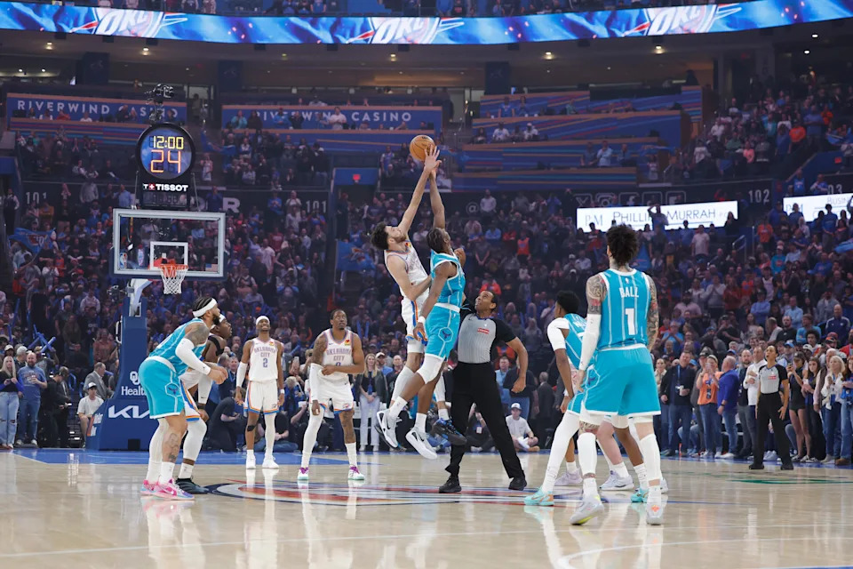 Jan 5, 2026; Oklahoma City, Oklahoma, USA; Tip off of a game between the Charlotte Hornets and Oklahoma City Thunder at Paycom Center. Mandatory Credit: Alonzo Adams-Imagn Images