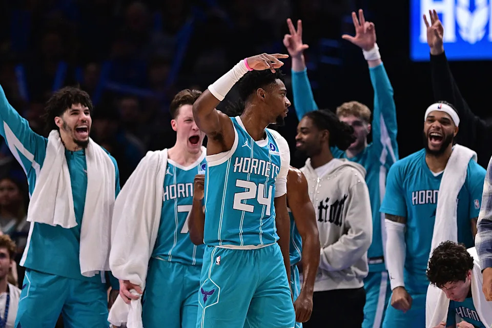OKLAHOMA CITY, OKLAHOMA - JANUARY 5: Brandon Miller #24 of the Charlotte Hornets celebrates a made basket with his bench during the second half against the Oklahoma City Thunder at Paycom Center on January 5, 2026 in Oklahoma City, Oklahoma. NOTE TO USER: User expressly acknowledges and agrees that, by downloading and or using this photograph, User is consenting to the terms and conditions of the Getty Images License Agreement. (Photo by Joshua Gateley/Getty Images)