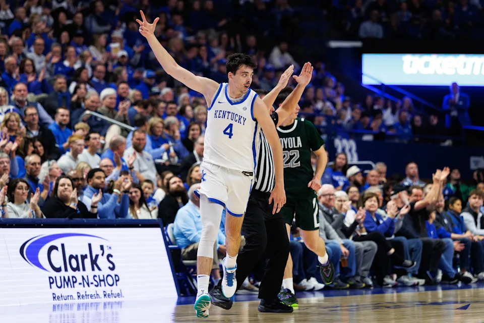 Nov 21, 2025; Lexington, Kentucky, USA; Kentucky Wildcats forward Andrija Jelavic (4) celebrates after making a three point basket during the first half against the Loyola (MD) Greyhounds at Rupp Arena at Central Bank Center. Mandatory Credit: Jordan Prather-Imagn Images
