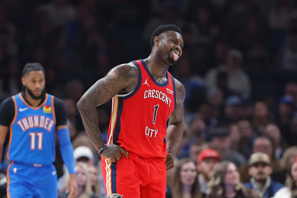 Jan 27, 2026; Oklahoma City, Oklahoma, USA; New Orleans Pelicans forward Zion Williamson (1) reacts after a play against the Oklahoma City Thunder during the second quarter at Paycom Center. Mandatory Credit: Alonzo Adams-Imagn Images
