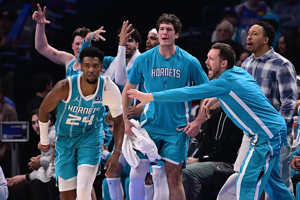 OKLAHOMA CITY, OKLAHOMA - JANUARY 5: Brandon Miller #24 of the Charlotte Hornets celebrates a made basket with his bench during the second half against the Oklahoma City Thunder at Paycom Center on January 5, 2026 in Oklahoma City, Oklahoma. NOTE TO USER: User expressly acknowledges and agrees that, by downloading and or using this photograph, User is consenting to the terms and conditions of the Getty Images License Agreement. (Photo by Joshua Gateley/Getty Images)