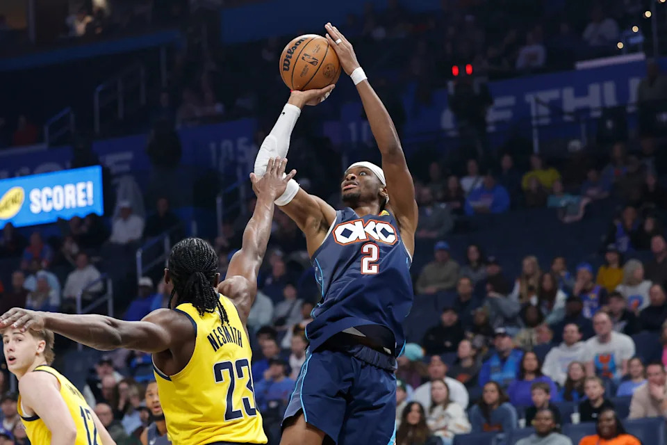 Jan 23, 2026; Oklahoma City, Oklahoma, USA; Oklahoma City Thunder guard Shai Gilgeous-Alexander (2) shoots over Indiana Pacers guard/forward Aaron Nesmith (23) during the first quarter at Paycom Center. Mandatory Credit: Alonzo Adams-Imagn Images