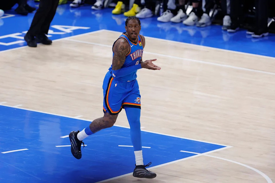 Jan 13, 2026; Oklahoma City, Oklahoma, USA; Oklahoma City Thunder guard/forward Jalen Williams (8) gestures after scoring against the San Antonio Spurs during the second half at Paycom Center. Mandatory Credit: Alonzo Adams-Imagn Images
