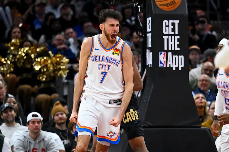 CLEVELAND, OHIO - JANUARY 19: Center Chet Holmgren #7 of the Oklahoma City Thunder reacts during the fourth quarter against the Cleveland Cavaliers at Rocket Arena on January 19, 2026, in Cleveland, Ohio. The Thunder defeated the Cavaliers 136-104. NOTE TO USER: User expressly acknowledges and agrees that, by downloading and or using this photograph, User is consenting to the terms and conditions of the Getty Images License Agreement. (Photo by Jason Miller/Getty Images)