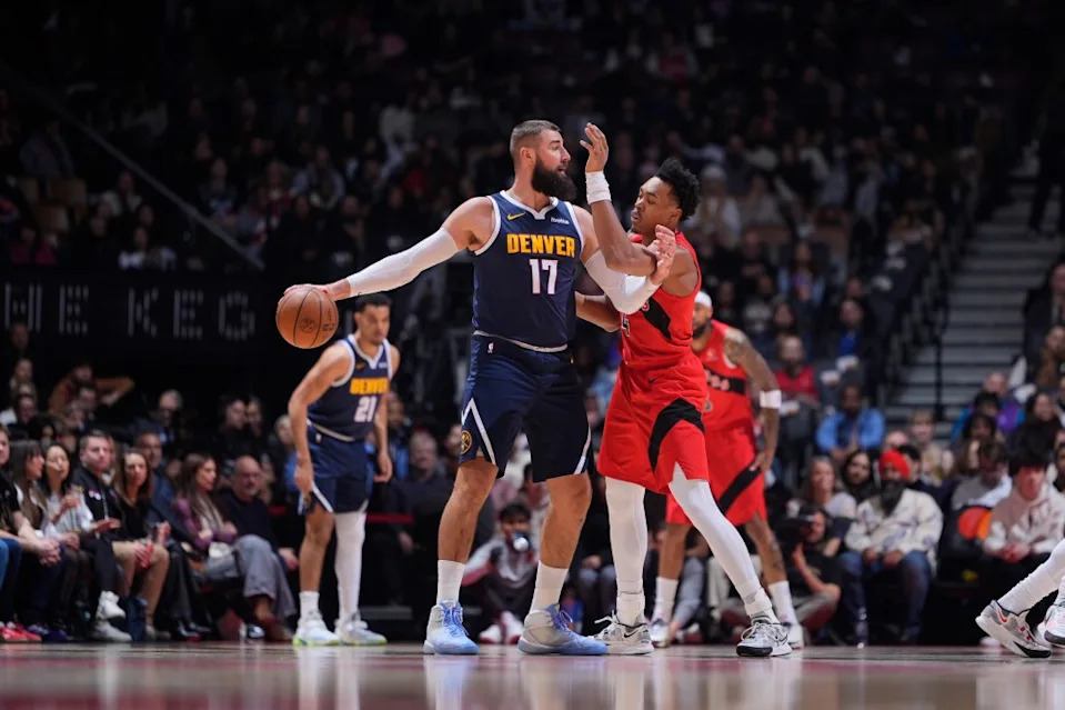 Jonas Valanciunas of the Denver Nuggets handles the ball during the game against the Toronto Raptors on December 31, 2025 at the Scotiabank Arena in Toronto, Ontario, Canada. NBAE via Getty Images
