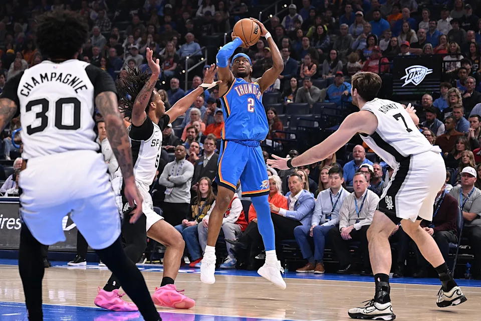 OKLAHOMA CITY, OKLAHOMA - JANUARY 13: Shai Gilgeous-Alexander #2 of the Oklahoma City Thunder attempts a shot during the first half against the San Antonio Spurs at Paycom Center on January 13, 2026 in Oklahoma City, Oklahoma. NOTE TO USER: User expressly acknowledges and agrees that, by downloading and or using this photograph, User is consenting to the terms and conditions of the Getty Images License Agreement. (Photo by Joshua Gateley/Getty Images)