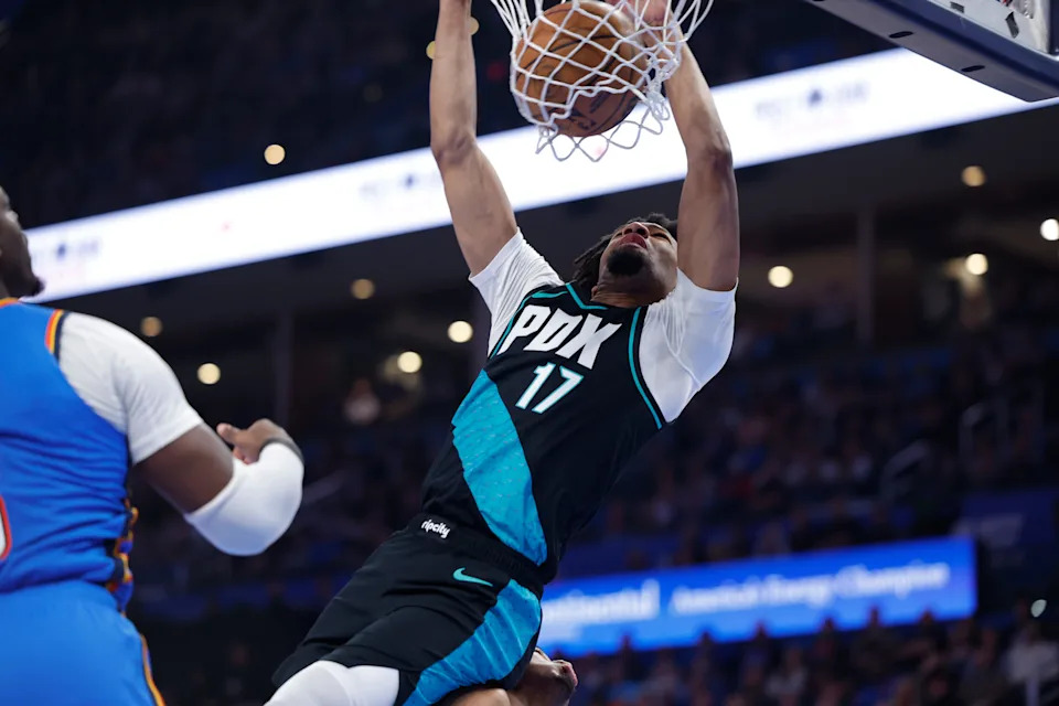 Dec 31, 2025; Oklahoma City, Oklahoma, USA; Portland Trail Blazers guard Shaedon Sharpe (17) dunks against the Oklahoma City Thunder during the second quarter at Paycom Center. Mandatory Credit: Alonzo Adams-Imagn Images