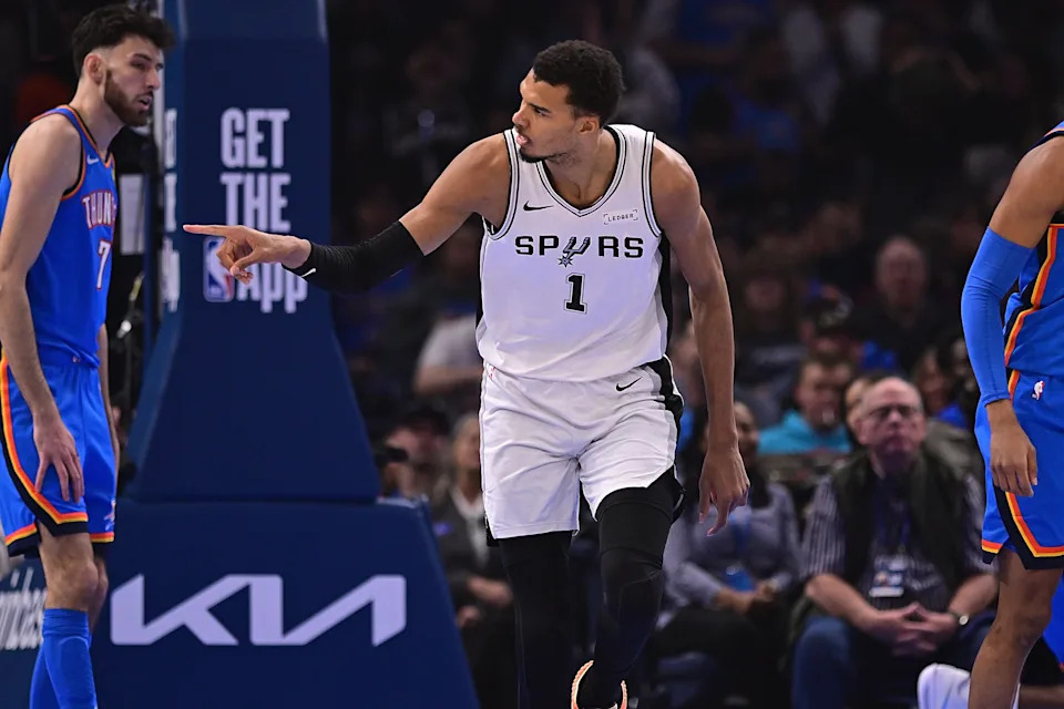 OKLAHOMA CITY, OKLAHOMA - JANUARY 13: Victor Wembanyama #1 of the San Antonio Spurs reacts after a made basket during the first half against the Oklahoma City Thunder at Paycom Center on January 13, 2026 in Oklahoma City, Oklahoma. NOTE TO USER: User expressly acknowledges and agrees that, by downloading and or using this photograph, User is consenting to the terms and conditions of the Getty Images License Agreement. (Photo by Joshua Gateley/Getty Images)