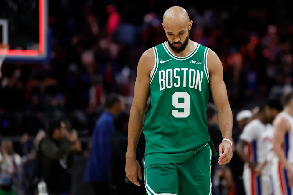 Boston Celtics guard Derrick White (9) leaves the court after a game.Rick Osentoski-Imagn Images