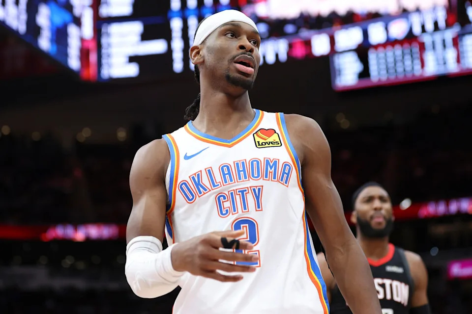 Jan 15, 2026; Houston, Texas, USA; Oklahoma City Thunder guard Shai Gilgeous-Alexander (2) reacts after a play during the third quarter against the Houston Rockets at Toyota Center. Mandatory Credit: Troy Taormina-Imagn Images