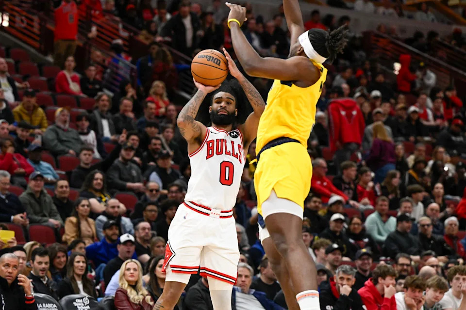 Bulls guard Coby White shoots over Pacers forward Jarace Walker.Matt Marton-Imagn Images