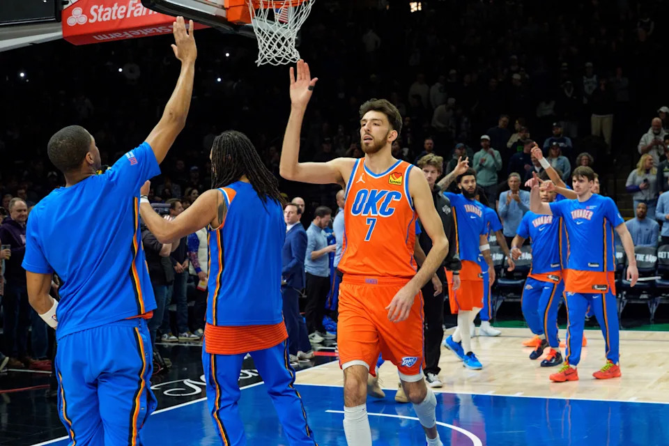 Jan 29, 2026; Minneapolis, Minnesota, USA; Oklahoma City Thunder center Chet Holmgren (7) during player announcements before the game against the Minnesota Timberwolves at Target Center. Mandatory Credit: Matt Blewett-Imagn Images