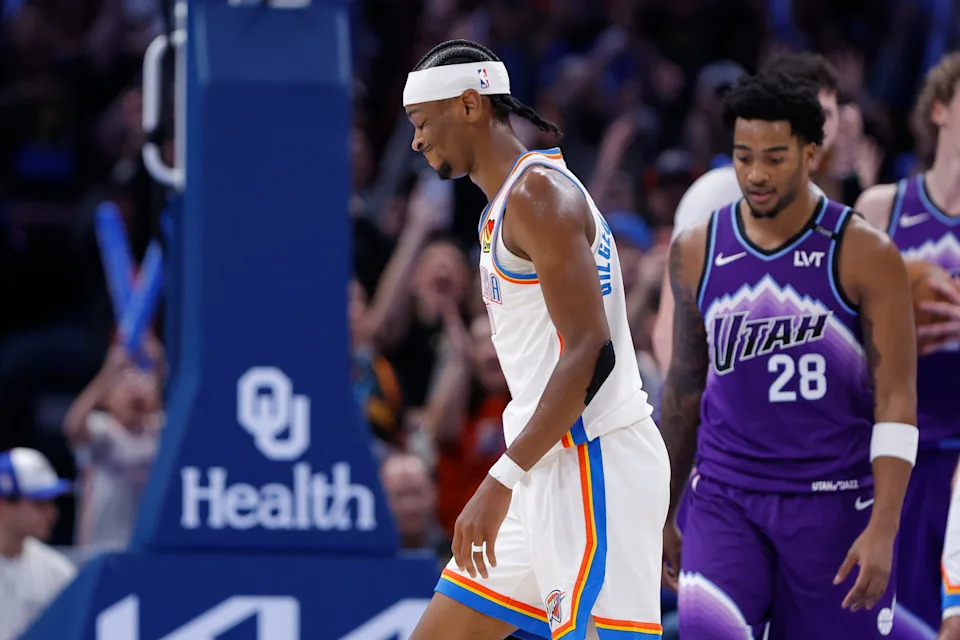 Jan 7, 2026; Oklahoma City, Oklahoma, USA; Oklahoma City Thunder guard Shai Gilgeous-Alexander (2) smiles after making a basket to force overtime against the Utah Jazz at Paycom Center. Mandatory Credit: Alonzo Adams-Imagn Images