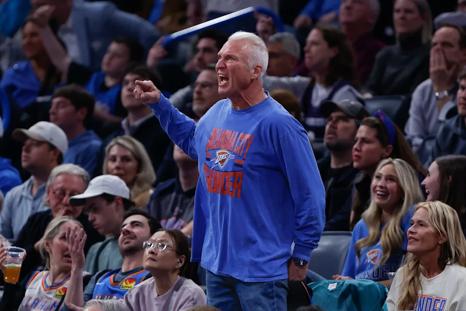 Jan 13, 2026; Oklahoma City, Oklahoma, USA; An Oklahoma City Thunder fan is upset at a play by San Antonio Spurs during the second half at Paycom Center. Mandatory Credit: Alonzo Adams-Imagn Images