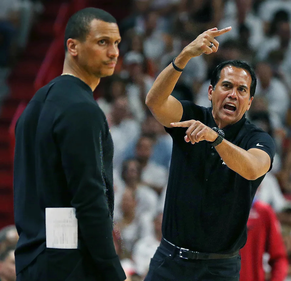 Miami, FL – May 21: Miami Heat head coach Erik Spoelstra screams at a referee while Boston Celtics head coach Joe Mazzulla looks away. The Celtics lost to the Heat, 128-102, in Game 3 of the 2023 Eastern Conference Finals. (Photo by Jim Davis/The Boston Globe via Getty Images)
