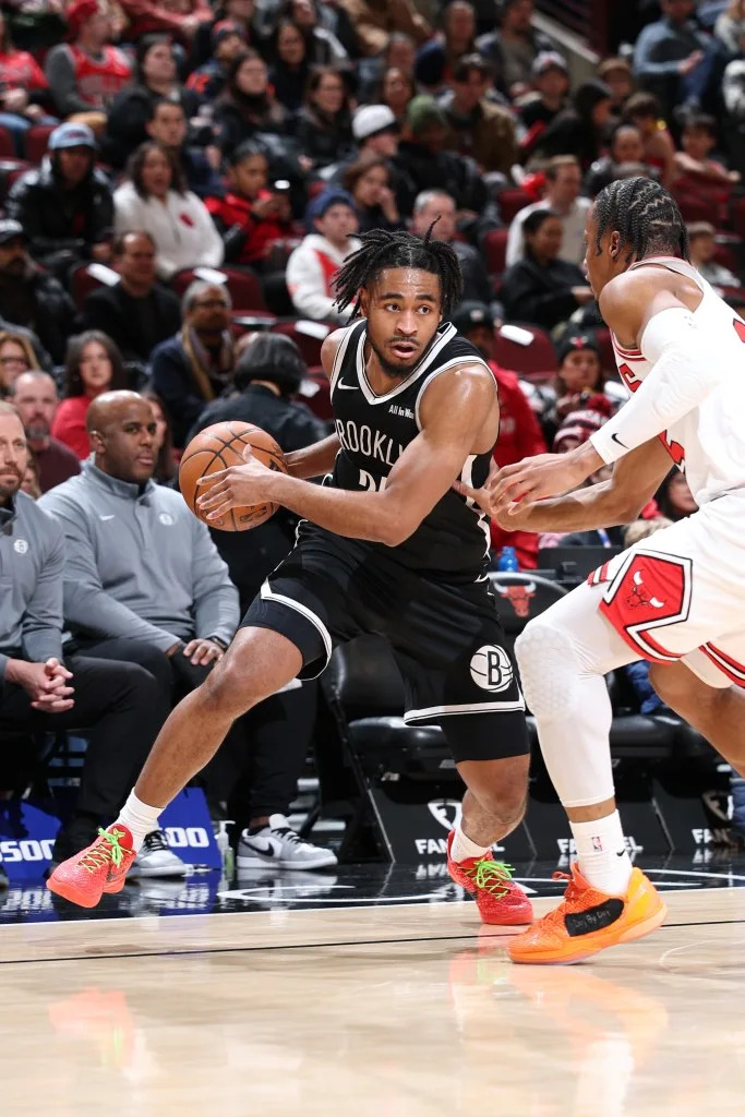 Cam Thomas of the Brooklyn Nets drives to the basket during the game against the Chicago Bulls on January 18, 2026 at United Center in Chicago, Illinois. NBAE via Getty Images