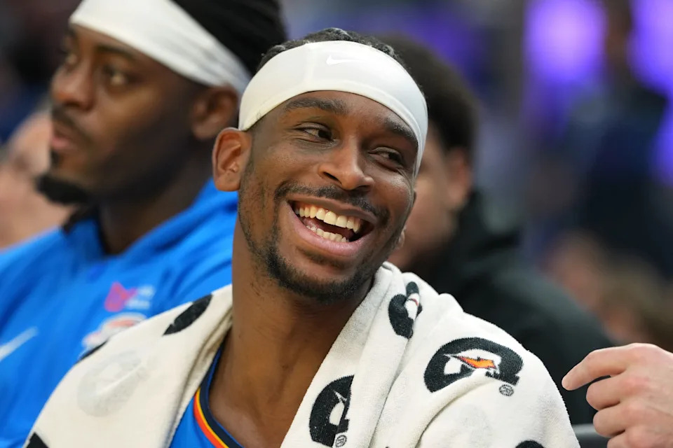 Jan 2, 2026; San Francisco, California, USA; Oklahoma City Thunder guard Shai Gilgeous-Alexander (2) laughs on the bench during the second quarter against the Golden State Warriors at Chase Center. Mandatory Credit: Darren Yamashita-Imagn Images