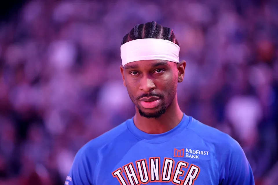 SAN FRANCISCO, CALIFORNIA - JANUARY 02: Shai Gilgeous-Alexander #2 of the Oklahoma City Thunder stands for the national anthem before their game against the Golden State Warriors at Chase Center on January 02, 2026 in San Francisco, California. NOTE TO USER: User expressly acknowledges and agrees that, by downloading and/or using this photograph, user is consenting to the terms and conditions of the Getty Images License Agreement. (Photo by Ezra Shaw/Getty Images)