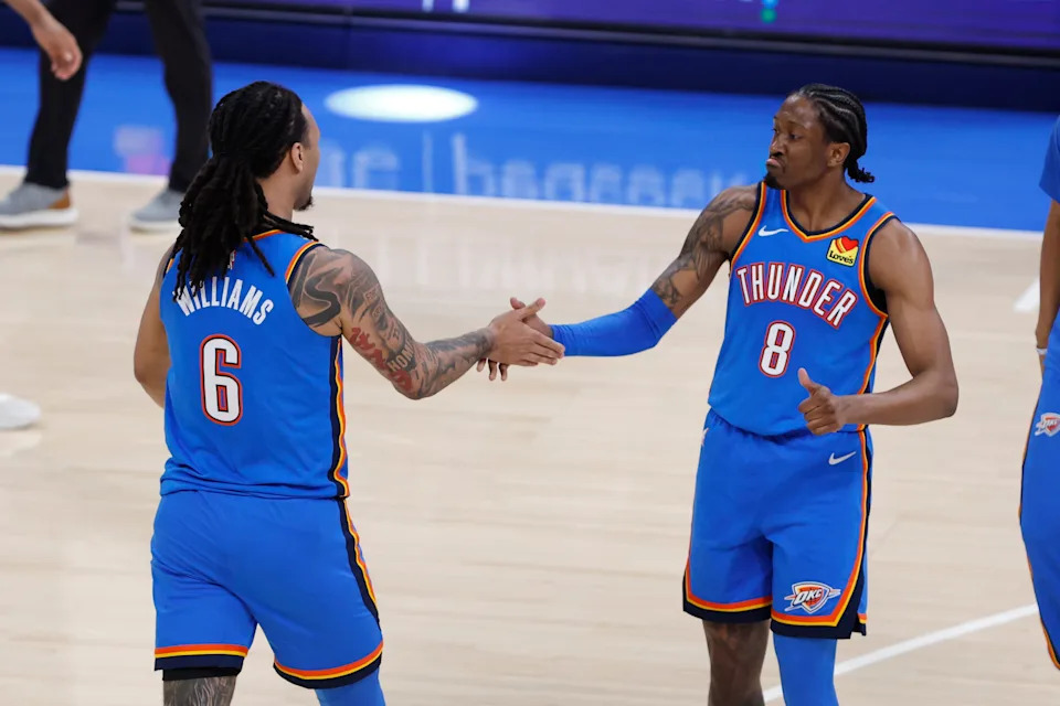 Jan 13, 2026; Oklahoma City, Oklahoma, USA; Oklahoma City Thunder guard/forward Jalen Williams (8) celebrates with forward Jaylin Williams (6) after a play against the San Antonio Spurs during the second half at Paycom Center. Mandatory Credit: Alonzo Adams-Imagn Images