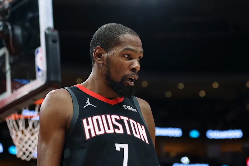 Jan 15, 2026; Houston, Texas, USA; Houston Rockets forward Kevin Durant (7) reacts after a play during the first quarter against the Oklahoma City Thunder at Toyota Center. Mandatory Credit: Troy Taormina-Imagn Images