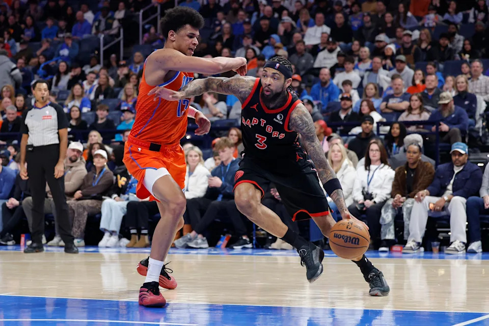 Jan 25, 2026; Oklahoma City, Oklahoma, USA; Toronto Raptors forward Brandon Ingram (3) drives to the basket around Oklahoma City Thunder forward Ousmane Dieng (13)during the second half at Paycom Center. Mandatory Credit: Alonzo Adams-Imagn Images