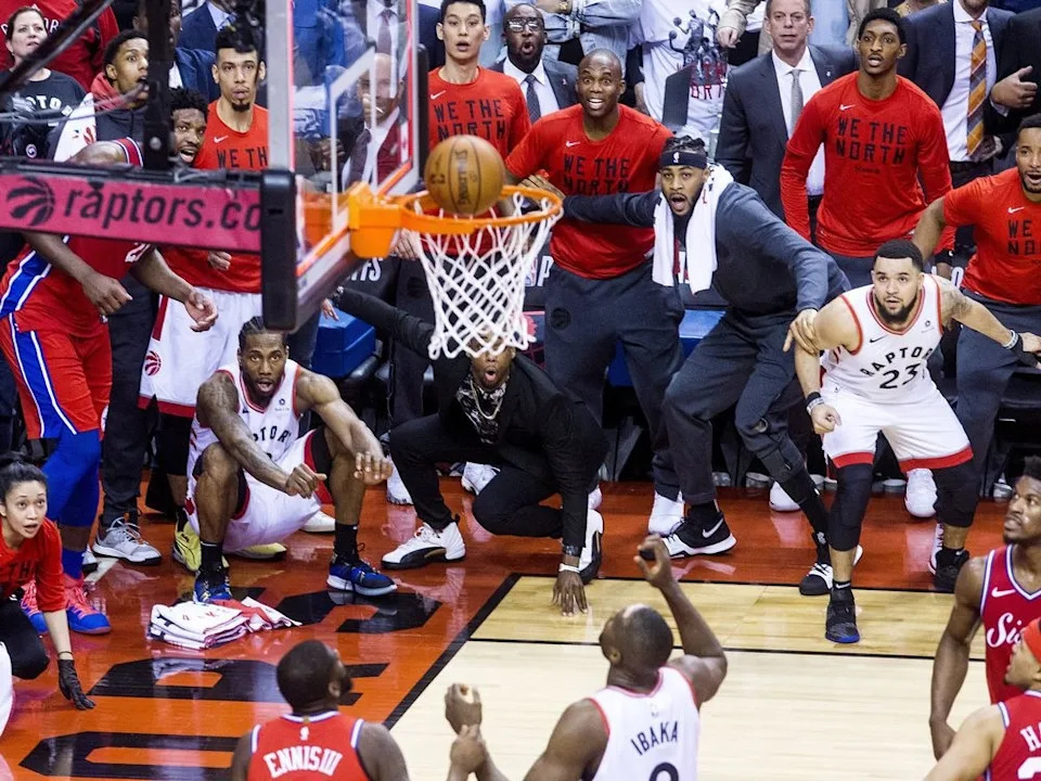 Kawhi Leonard watches as his game winning ball goes in, to clinch the series in Game 7, as the Toronto Raptors defeat the Philadelphia 76ers, in Toronto, Ont. on Sunday , May 13, 2019. (Stan Behal/Toronto Sun/Postmedia Network)