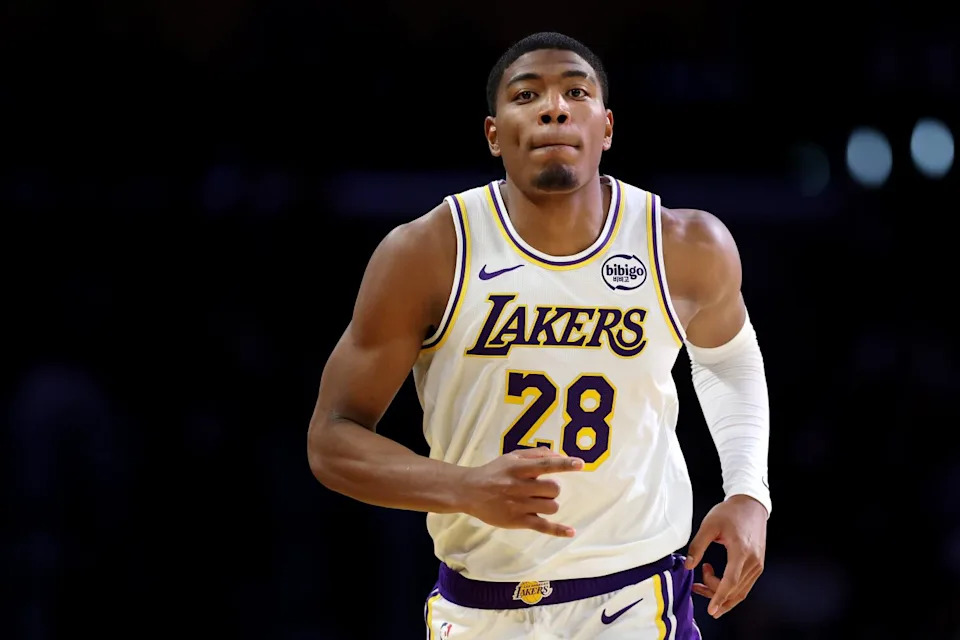 Laker Rui Hachimura runs up the court during a game at Crypto.com Arena on Dec. 28.