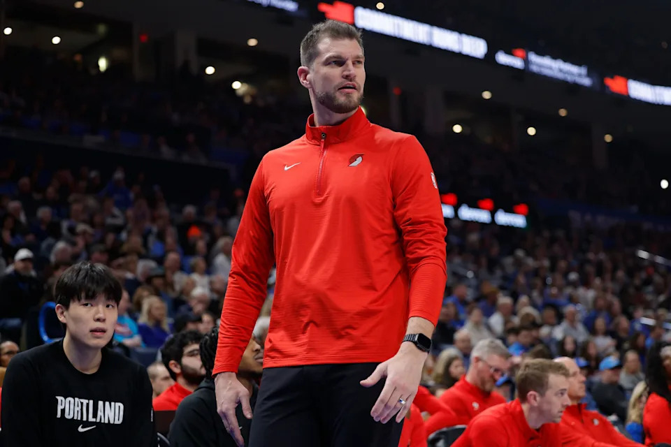 Dec 31, 2025; Oklahoma City, Oklahoma, USA; Portland Trail Blazers interim head coach Tiago Splitter watches his team play against the Oklahoma City Thunder during the first quarter at Paycom Center. Mandatory Credit: Alonzo Adams-Imagn Images