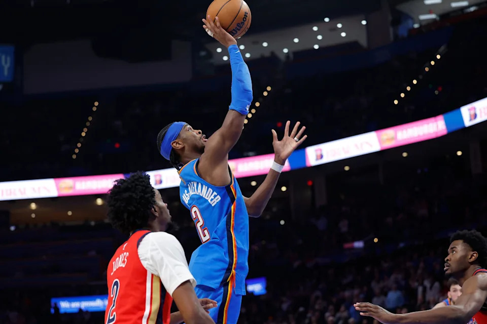 Jan 27, 2026; Oklahoma City, Oklahoma, USA; Oklahoma City Thunder guard Shai Gilgeous-Alexander (2) shoots against the New Orleans Pelicans during the second half at Paycom Center. Mandatory Credit: Alonzo Adams-Imagn Images