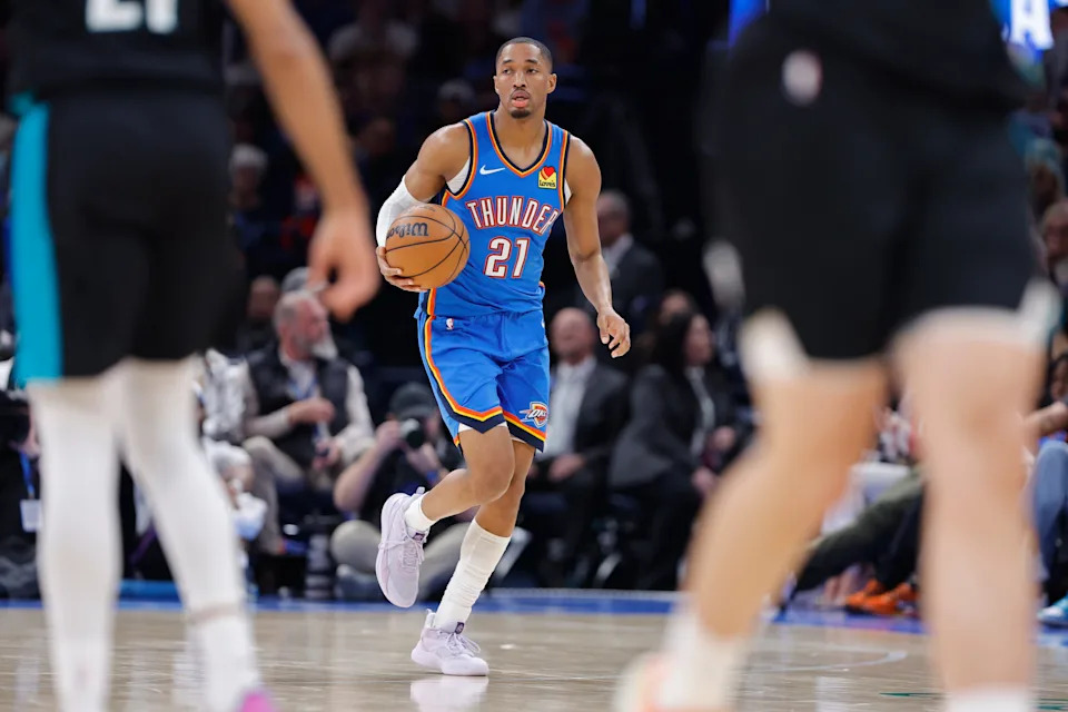 Dec 31, 2025; Oklahoma City, Oklahoma, USA; Oklahoma City Thunder guard Aaron Wiggins (21) dribbles down the court against the Portland Trail Blazers during the second half at Paycom Center. Mandatory Credit: Alonzo Adams-Imagn Images