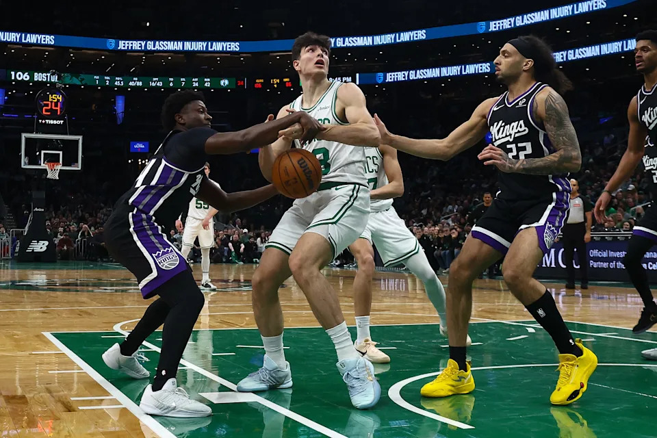 Jan 30, 2026; Boston, Massachusetts, USA; Sacramento Kings guard Isaiah Stevens (24) knocks the ball away from Boston Celtics guard Hugo Gonzalez (28) during the second half at TD Garden. Mandatory Credit: Winslow Townson-Imagn Images