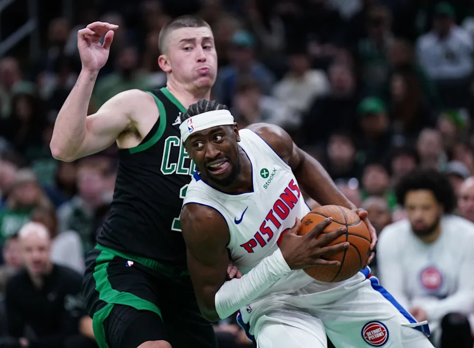 Nov 26, 2025; Boston, Massachusetts, USA; Detroit Pistons guard Caris LeVert (8) drives the ball against Boston Celtics guard Payton Pritchard (11) in the first half at TD Garden. Mandatory Credit: David Butler II-Imagn Images