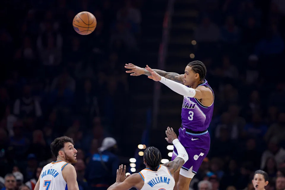 Jan 7, 2026; Oklahoma City, Oklahoma, USA; Utah Jazz guard Keyonte George (3) passes against the Oklahoma City Thunder during the first quarter at Paycom Center. Mandatory Credit: Alonzo Adams-Imagn Images