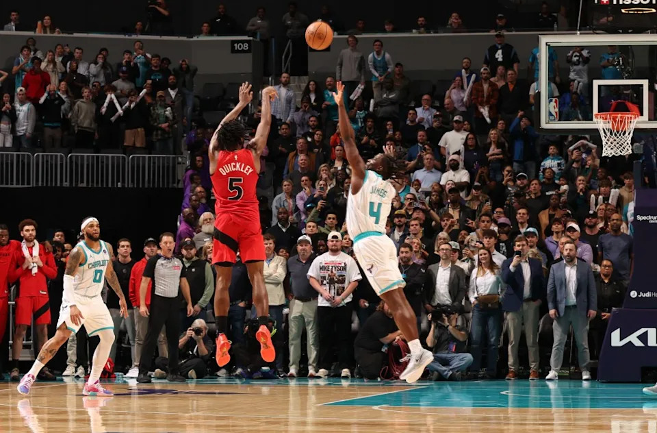 Immanuel Quickley hits the game-winning 3-pointer at the buzzer to lead the Raptors to a 97-96 win over the Hornets on Jan. 7, 2025 in Charlotte, N.C. NBAE via Getty Images