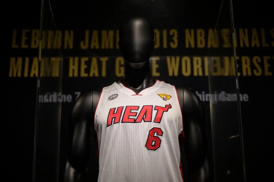LeBron James game-worn jersey from the athletes NBA finals game 7 victory over the Miami Heat in 2013, is on display during a press preview at Sotheby’s auction House on January 20, 2023, in New York City. AFP via Getty Images