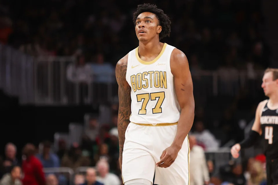 Jan 17, 2026; Atlanta, Georgia, USA; Boston Celtics forward Amari Williams (77) in action against the Atlanta Hawks in the fourth quarter at State Farm Arena. Mandatory Credit: Brett Davis-Imagn Images