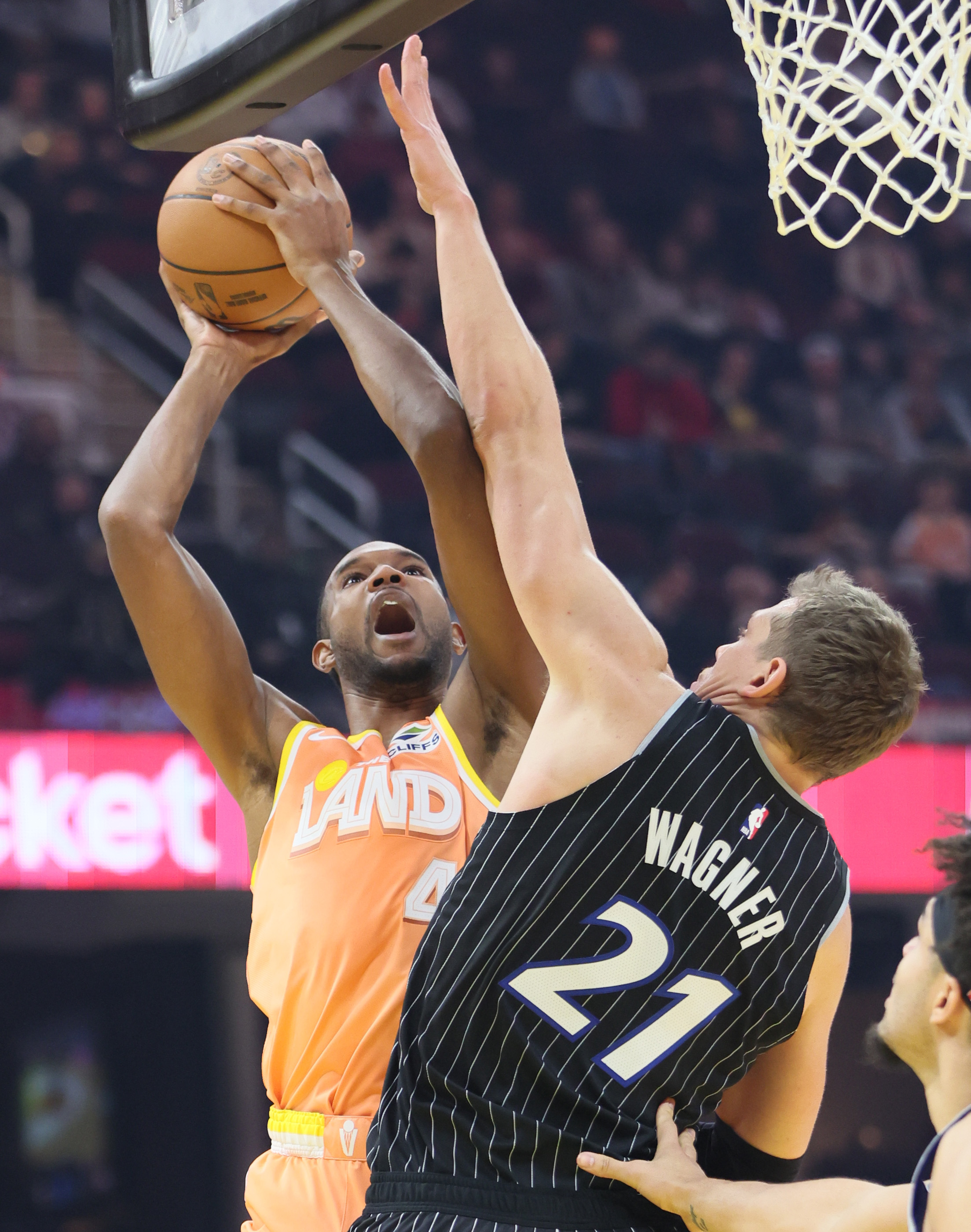 Cleveland Cavaliers center Evan Mobley takes a shot attempt guarded by Orlando Magic forward Moritz Wagner in the first half at Rocket Arena. 