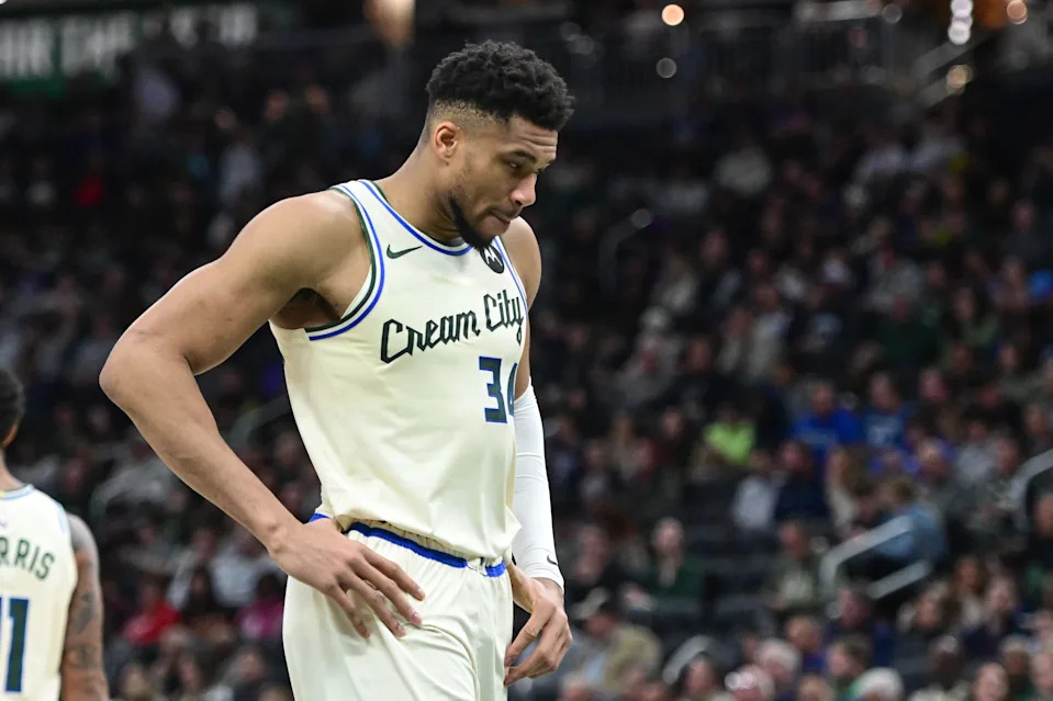 Jan 13, 2026; Milwaukee, Wisconsin, USA; Milwaukee Bucks forward Giannis Antetokounmpo (34) reacts in the second quarter against the Minnesota Timberwolves at Fiserv Forum. Mandatory Credit: Benny Sieu-Imagn Images