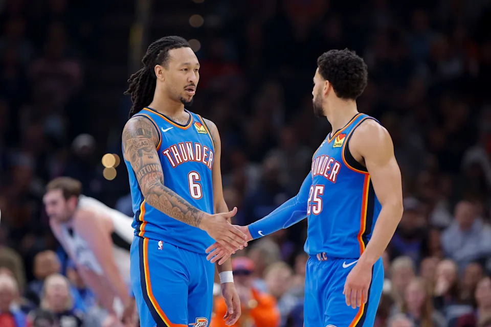 Jan 13, 2026; Oklahoma City, Oklahoma, USA; Oklahoma City Thunder forward Jaylin Williams (6) and guard Ajay Mitchell (25) celebrate after a play against the San Antonio Spurs during the second quarter at Paycom Center. Mandatory Credit: Alonzo Adams-Imagn Images