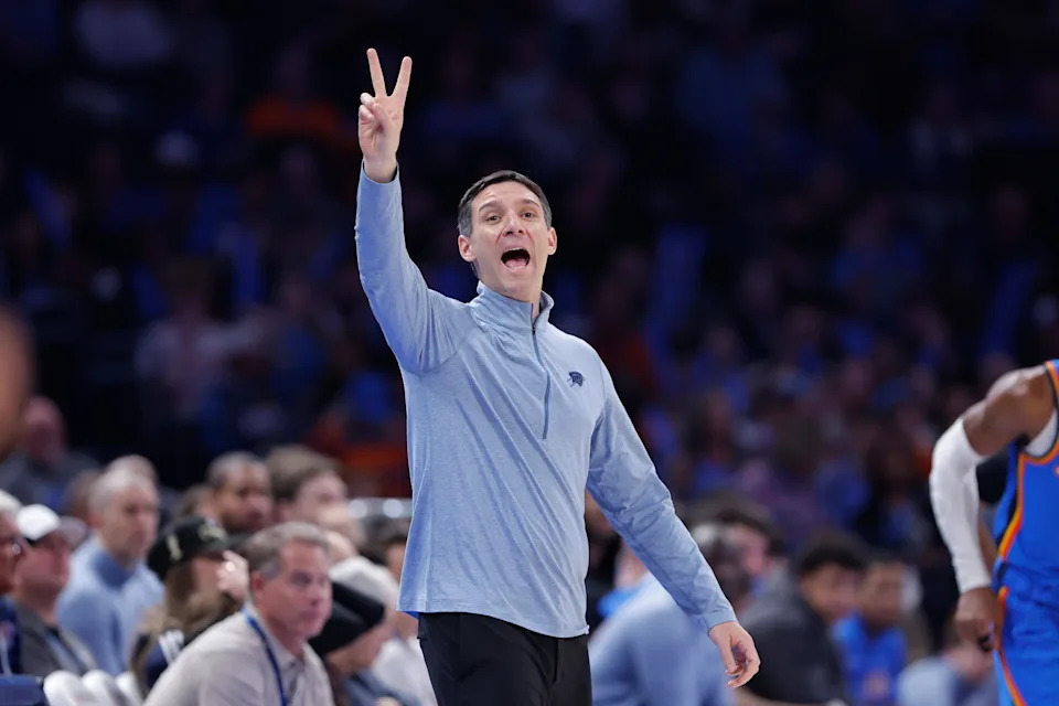 Dec 31, 2025; Oklahoma City, Oklahoma, USA; Oklahoma City Thunder head coach Mark Daigneault gestures to his team during a play against the Portland Trail Blazers during the second half at Paycom Center. Mandatory Credit: Alonzo Adams-Imagn Images