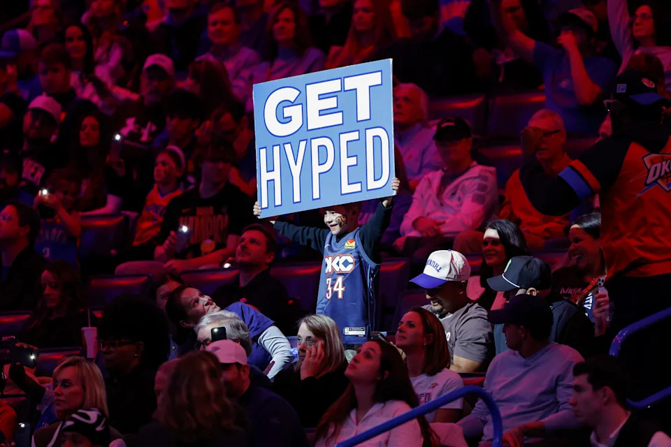 Jan 11, 2026; Oklahoma City, Oklahoma, USA; An Oklahoma City Thunder fan holds a sign to hype up the crowd during a time out against the Miami Heat during the second half at Paycom Center. Mandatory Credit: Alonzo Adams-Imagn Images