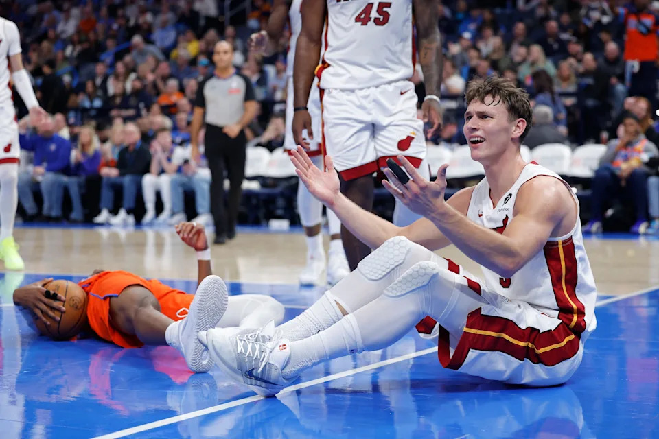 Jan 11, 2026; Oklahoma City, Oklahoma, USA; Miami Heat guard Pelle Larsson (9) reacts after a play against the Oklahoma City Thunder during the second half at Paycom Center. Mandatory Credit: Alonzo Adams-Imagn Images