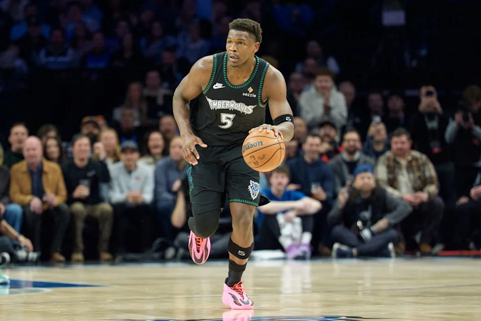 Jan 29, 2026; Minneapolis, Minnesota, USA; Minnesota Timberwolves guard Anthony Edwards (5) brings the ball up court against the Oklahoma City Thunder in the first quarter at Target Center. Mandatory Credit: Matt Blewett-Imagn Images