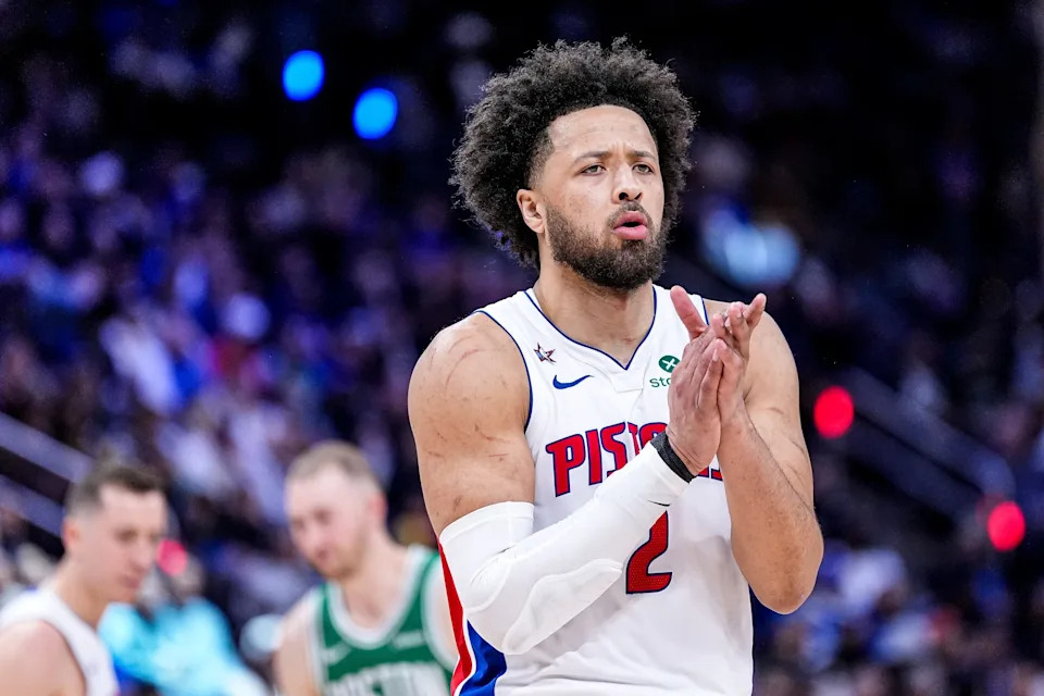 Detroit Pistons guard Cade Cunningham (2) cheers on after a play against Boston Celtics during the second half at Little Caesars Arena in Detroit on Monday, Jan. 19, 2026.