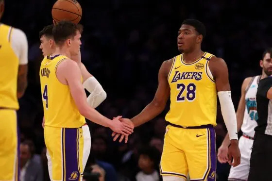 Los Angeles Lakers forward Rui Hachimura (28) is greeted by guard Dalton Knecht (4) after scoring a basket during the third quarter at Crypto.com Arena on Nov 13, 2024.