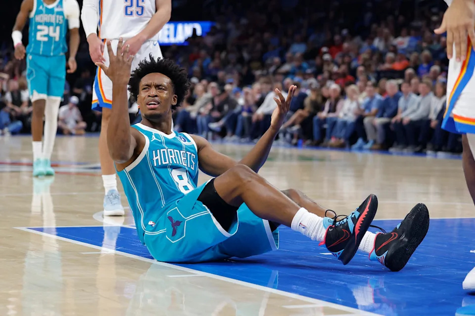 Jan 5, 2026; Oklahoma City, Oklahoma, USA; Charlotte Hornets guard Collin Sexton (8) reacts after a play against the Oklahoma City Thunder during the second half at Paycom Center. Mandatory Credit: Alonzo Adams-Imagn Images