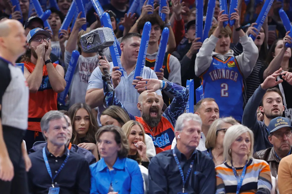 Jan 7, 2026; Oklahoma City, Oklahoma, USA; Oklahoma City Thunder fans cheer for their team against the Utah Jazz during the second quarter at Paycom Center. Mandatory Credit: Alonzo Adams-Imagn Images