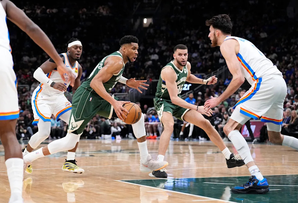 <p>Milwaukee Bucks forward Giannis Antetokounmpo competes against Oklahoma City Thunder center Chet Holmgren. Mandatory Credit: Michael McLoone-Imagn Images</p>