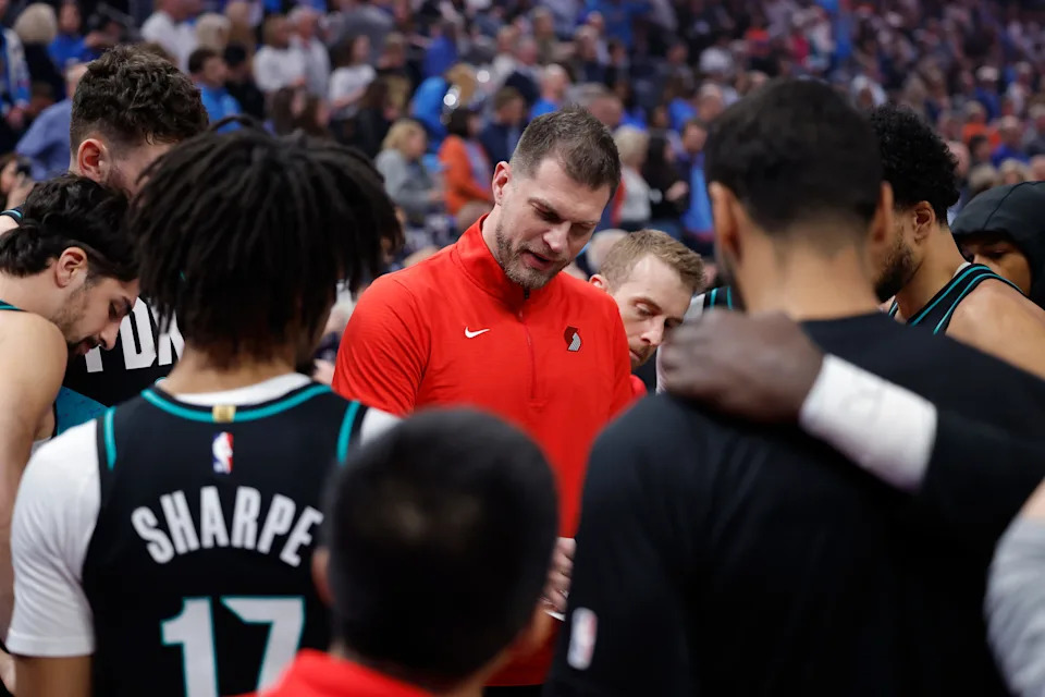 Dec 31, 2025; Oklahoma City, Oklahoma, USA; Portland Trail Blazers interim head coach Tiago Splitter talks to his team before the start of a game against the Oklahoma City Thunder at Paycom Center. Mandatory Credit: Alonzo Adams-Imagn Images