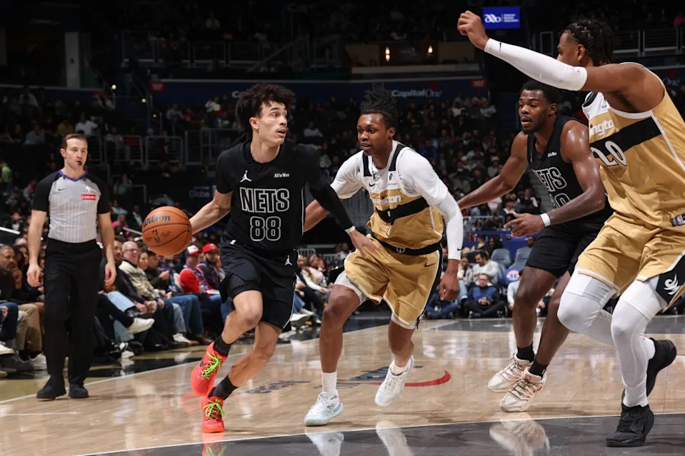 Nolan Traore drives to the basket during the Nets’ blowout loss to the Wizards on Jan. 2, 2026 at Capital One Arena in Washington, DC. NBAE via Getty Images